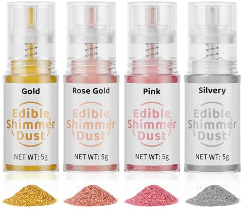 Wwtop Essbares Glitzer Set, 4 Farben x 5g Lebensmittel Glitzer für Getränke, Essbares Glitzerpulver Spray, Metallisch Glitzerpuder Goldpulver für Cocktails, Schokolade, Kuchen, Fondant, Drinks