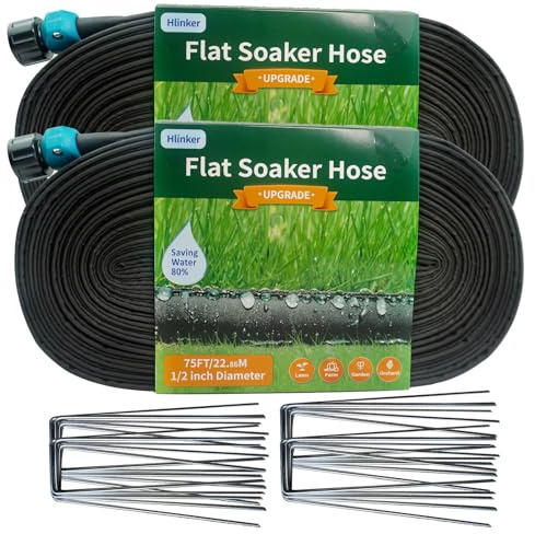Hlinker 2026 Flat Soaker Hose 150 ft (75ft 2Packs) with Stake for Garden, Linkable Drip Hose Diy Automates Garden Irrigation System Saving 89% Water, Dual-layer Leak-free Design Water Hose with Holes