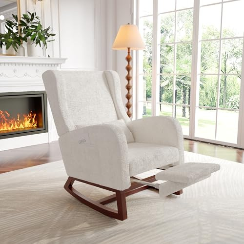 Lazyspace Schaukelstuhl mit Hocker und Seitentaschen, Sessel Relaxsessel Stillsessel Lesesessel, Schwingsessel mit Armlehnen und gepolsterter, Wohnzimmersessel, Lammwolle, Beige, 64 x 67 x 99 cm