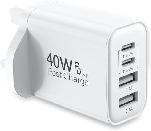 USB C Plug Fast Charge, 40W 4-Port Fast charger Plug, UK Dual Port PD Power Adapter +QC Wall Plug Multiport Mains Type C Phone Charger Plug for iPhone 16 16Pro 16ProMAX 15 14 13 Samsung (White)
