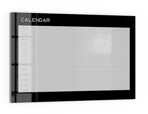 DEQORI Glas-Magnettafel | 90x60 cm cm groß | Motiv Kalendar Schwarz (EN) | Memo-Board aus Glas | Magnetboard inkl. Magnete, Stift & Tuch für Küche & Büro | Tafel magnetisch & beschreibbar