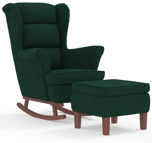 Hommdiy Schaukelsessel und Hocker mit Holzbeinen Samt,Sessel mit Hocker, Relaxsessel, Relaxstuhl,Schaukelsessel, Relaxsessel mit Hocker,Stuhl Dunkelgrün,Mit Fußablage
