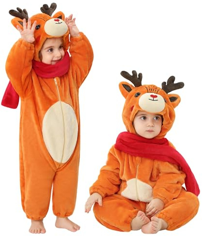 LOLANTA Unisex renkostym för barn, unisex, djurdräkt med huva för barn, fackdräkt i flanell, Apelsin, 12-18 mesi