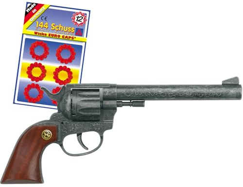 Buntline Western-Requisite 26 cm Silber mit Holzgriff & 144 Ringamorces für Erwachsene