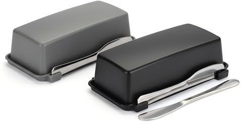 Paquete de 2 mantequilleros con tapa, plato de mantequilla de plástico gris y negro con tapa y cuchillo, duradero y elegante recipiente de mantequilla para encimera y refrigerador, regalo ideal de