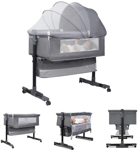 Sinbide Babybett Multifunktionales Kinderbett, Babywippe, faltbares und abnehmbares Reisebett, höhenverstellbar, Aufbewahrungskorb mit Rollen, mit Moskitonetz，Geschenk für Baby，Hellgrau
