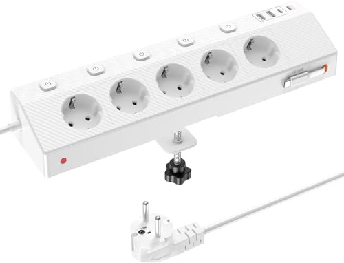 PASSUS Mehrfachsteckdose mit 2 USB C 30W, Verlängerungskabel 2M, Weiß | 5 Fach Steckdosenleiste Überspannungsschutz, Tischsteckdose Schreibtisch, Einzeln Schaltbar, Steckdose mit USB-C Einziehkabel