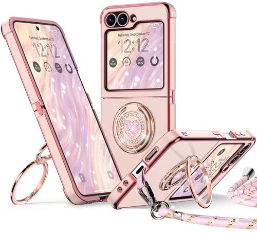 XYZ Funda para Samsung Galaxy Z Flip 6 / Z Flip 5, con Soporte de Anillo de Doble Corazón, con Cordón para Niñas y Mujeres, Funda Protectora de Lujo Linda y Brillante para Z Flip 6 / Z Flip 5, Rosa
