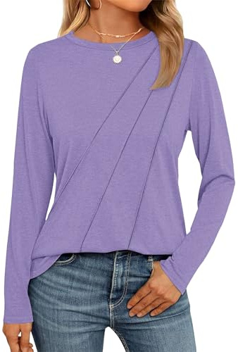 WNEEDU Camiseta Manga Larga Mujer T-Shirt Ligeras de Cuello Redondo Túnicas con Pliegues Informales