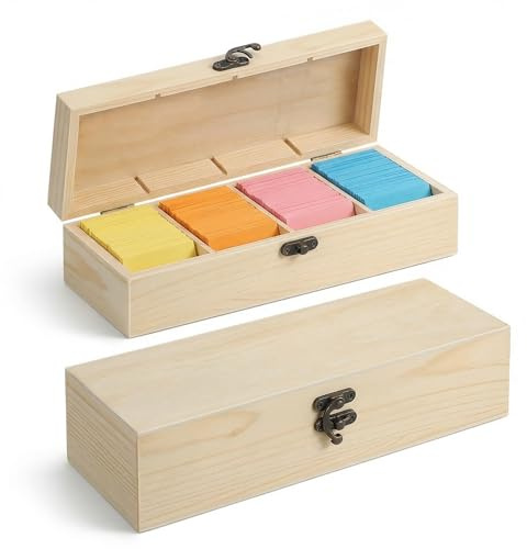VILLCASE 2er Set Karteikasten Holz, A8 Karteikarten Box mit Deckel & Metallverschluss, Vokabelbox 4 Fächer, Lernkarteibox Karteikartenbox für Büro, Schule & Kleinteile Aufbewahrung (25x9,5x6,5 cm)