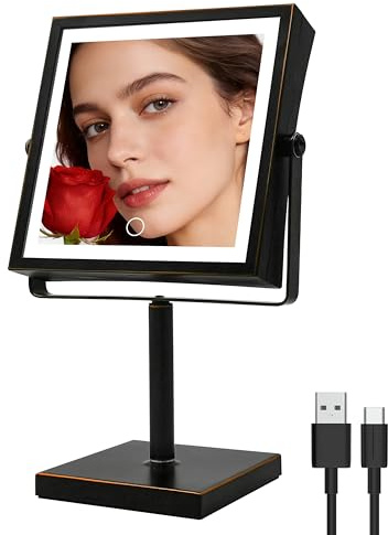Ruacq Makeup Mirror with Lights, 4000mAh Rechargeable Magnifying Mirror with Light, 1X/10X, Height Adjustable Bathroom Vanity Mirror, 3 Colors, Adjustable Brightness (Oil Rubbed Bronze)