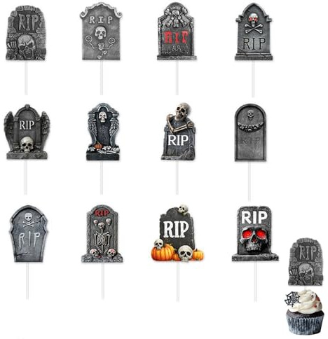 ARYIMYDP 24 Stücke Halloween Cupcake Toppers Set mit Gruseligen Grabsteinen, Bunte Kuchendeko für Torten und Muffins, Party Deko