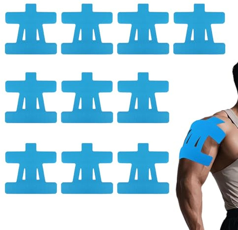 BrKern Kinesiologie Tape Schulter Vorgeschnitten - 10 Stück Schulter Tape Vorgeschnitten, Blaues Kinesiotape zur Stabilisierung bei Nacken- & Schulterschmerzen, Verlängerung is Zu 180%