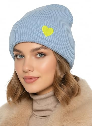 Baesics Wintermütze mit Herz Damen Herren Unisex, weiche kuschelige | Strickmütze Beanie, elastisch und warm, One Size für Herbst und Winter, Alltag und Outdoor, Geschenk Frauen Männer