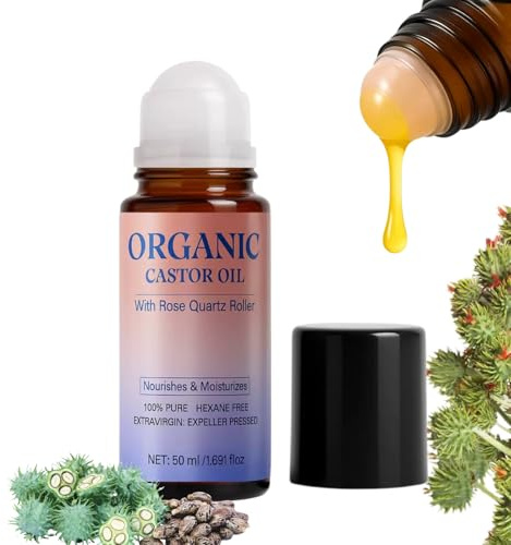 Organic Castor Oil Roll On for Face and Under Eyes, 100% Pure Cold-Pressed Castor Oil, with Roller Ball, Used for Deep Moisturizing, Soothing Puffy Eyes, Nourishing Skin & Hair Care 50ML