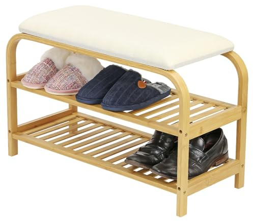 Taylor & Brown Bamboo Shoe Storage Bench with Cushion, 2 Tier Shoe Rack with Padded Seat, Shoe Organiser Cabinet for Entryway, Living Room, Hallway, Closet, Bedroom, W30 x L70 x H47cm