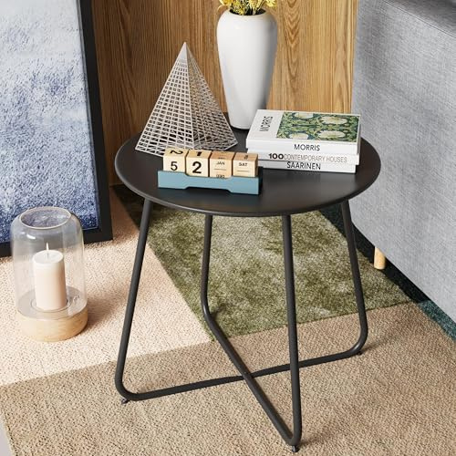KamerOut 46 cm Beistelltisch Outdoor, 1 Stück Kleiner runder Terrassentisch mit verstellbaren Füßen, pulverbeschichteter Steel-Coffeetable für Terrasse, Balkon, Veranda und Garten, Schwarz