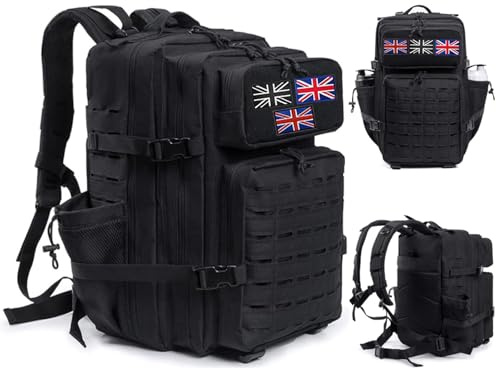 45L Military Tactical Backpack with Bottle Holder, Racksack for Men & Women | Molle Army 3 Day Bug Out Bag for Rucking Trekking Hiking Travel Camping Hunting School Gym Work Rucksack with 3 Flag Patches