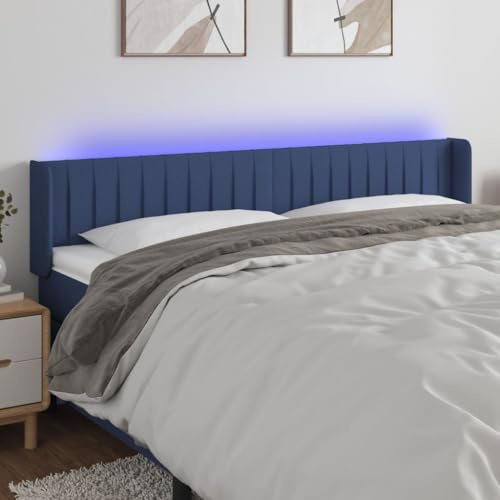 LoogCape Blå LED-sänggavel, 163 x 16 x 78/88 cm, tyg, höjdjusterbar, modern design, vadderad, för justerbara sängar, bekvämt ryggstöd