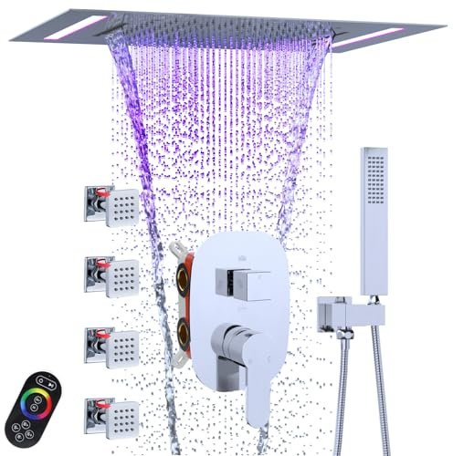 Luxury 4-Function Shower System with Body Jets & 2-in-1 LED Rainfall Shower Head, Chrome Finish, High Pressure, Adjustable Water Flow, Spa Experience