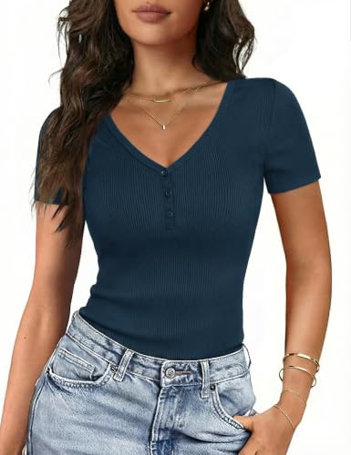 Gyabnw T Shirt Femme Haut Femme Été Manches Courtes Col V Côtelé | T-shirt femme polyvalent pour une tenue décontractée, le bureau, les sorties et le quotidien, texture côtelée