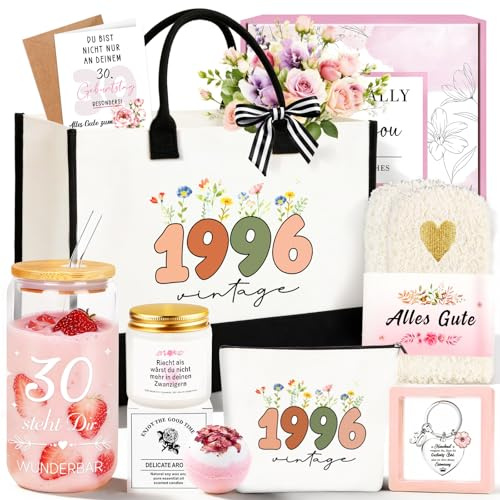 TUZELIYA 30 Geburtstag Frauen, 8tlg. Geburtstagsgeschenk für frauen mit Vintage 1996 Canvas Einkaufstasche, 30. Geburtstag Geschenkset mit Grußkarte für Mama, Ehefrau, Freundin, Kollegin, Schwester