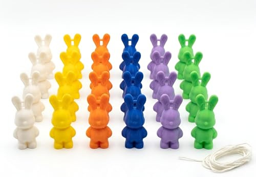 gouveo 24er Set Dekofiguren Mini-Osterhasen Kunststoff ca. 4,5 cm bunte Osterdeko zum Aufhängen mit Öse und Band für Osterstrauch, Tischdeko, Osteranhänger