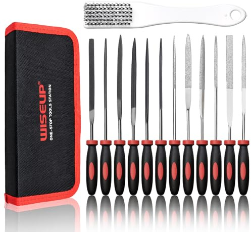 WISEUP 13PCS Needle File Set Includes 6 Diamond Files & 6 Steel Files | Tool Bag for Jewelry, Wood, Plastic,Metal Work and DIY