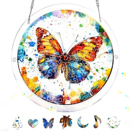 Reofrey Acrylic Puzzle Suncatcher for Adults, 83 Piece Butterfly Window Hanging, Stained Glass DIY Jigsaw Puzzle, Double-Sided Acrylic Decor, for Mom, Home Garden Decoration, 7 Inch