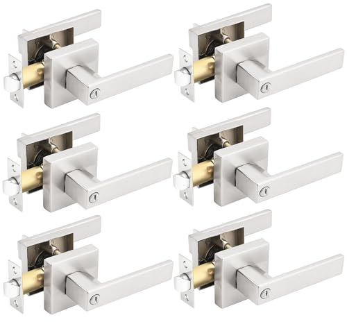 Gobrico 6 Pack Privacy Square Brushed Nickel Door Handle Interior, Keyless Door Knob for Bedroom/Bathroom, Reversible for Left Right Handed Doors