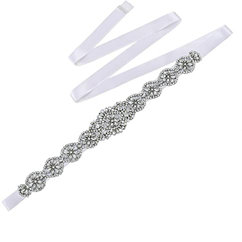TOPQUEEN - Cinturón de satén con cristales brillantes para fiesta de boda, novia o dama de honor, Blanco, Talla única