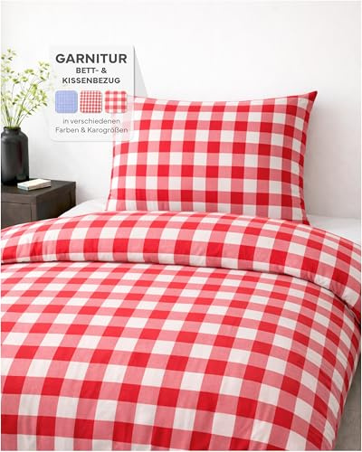 texpot Bettwäsche Garnitur 155 x 220 cm + 80 x 80 cm Landhaus 20 mm Karo rot-weiß kariert Bauern Kissenbezug Bettbezug