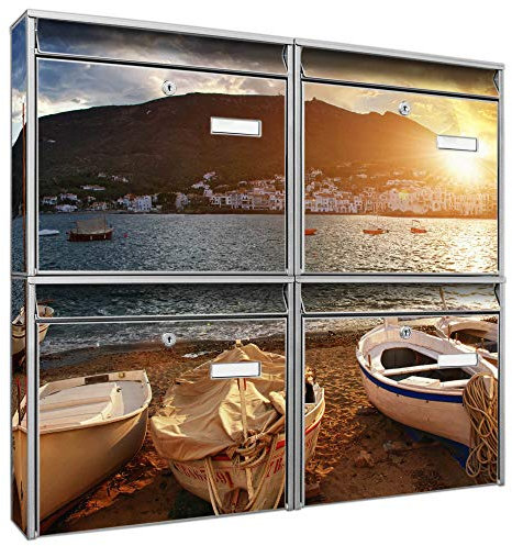 banjado Briefkastenanlage 4 Fach - Postkästen groß - verzinkter Stahl Silber DIN A4 Motiv Fischerboote - Briefkasten Set 4 Briefkästen Namensschild, 2 Schlüssel, Montagematerial