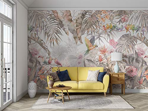 SILK ROAD EU Papier Peint Panoramique Soie, 356 × 250cm, Perroquets dans la Jungle Tropicale, Rose, Largeur max 12m, pour Salon Chambre restaurant Chambre d’enfants Décoration Murale
