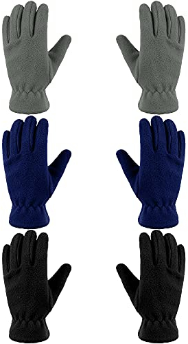 Geyoga 3 Paar Kinder Vlies Handschuhe Vollfinger Fäustlinge für Jungen Mädchen (Blau, Grau, Schwarz, M (8-12 Jahre))