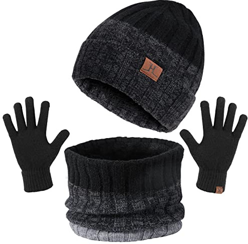 TAGVO 3in1 Invierno Set de Bufanda, Gorro y Guantes, Forro polar cálido grueso elástico ultra suave Forro interior Sombreros de Caliente Punto Cuello Calentador Guantes táctiles de Pantalla