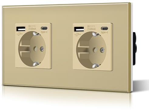 BSEED Enchufe Doble con USB C,Enchufes Pared con Cristal,Schuko Enchufe Simple 16A 250V,Toma de Corriente para Cocina,Dormitorio,Oficina,Hotel,M Serie,2 Enchufes con USB y Tipo C,157mm Oro