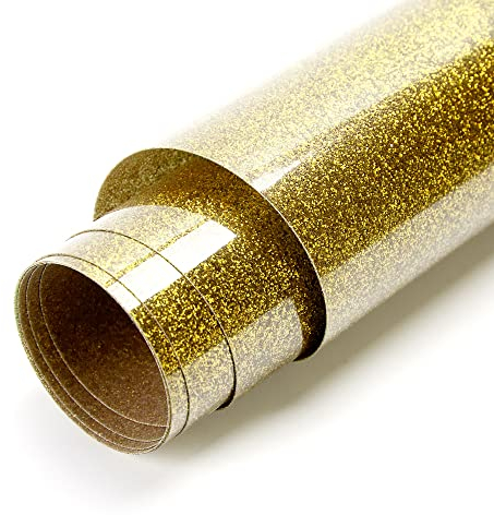 Plotterfolie Textil, Glitzer Heat Transfer Vinyl 30cm*100cm Transferfolie Plotter Flexfolie für Textilien Heiße Presse Transferfolie zum Aufbügeln für DIY T-Shirt, Stoffe (Gold)