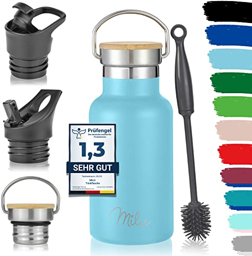 Milu Edelstahl Trinkflasche 350ml 500ml 750ml 1000ml (+3 Deckel) Thermosflasche mit Strohhalm Isolierte Wasserflasche für Kinder, Erwachsene, für unterwegs, auslaufsicher (Himmelblau, 350ml)
