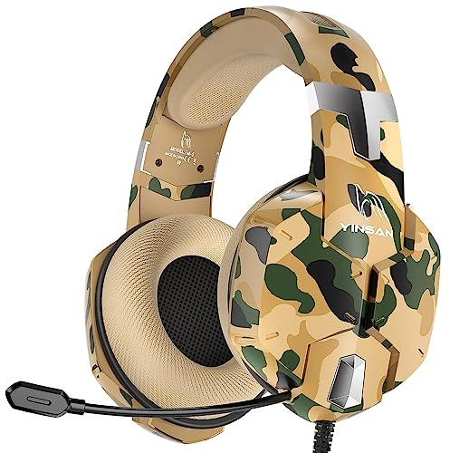 YINSAN Gaming Headset with Mic for PS5 PS4 Xbox One Nintendo Switch PC, Wired Camo Gaming Headphones with Stereo Surround Sound, Noise Cancelling Microphone & One-Key Mute Button
