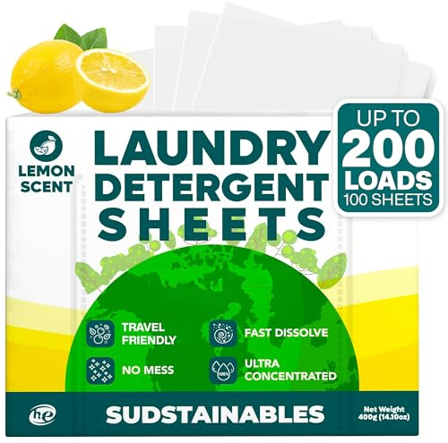 Sudstainables - Organiska tvättmedelsark (100 ark, 200 tvättar) genomskinliga och växtfria remsor
