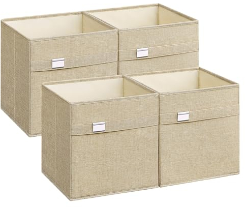 SONGMICS Cajas Almacenaje, Juego de 4 Cubos de Almacenaje, 30 x 30 x 30 cm, 2 Asas, Plegables, Tejido Oxford y Tejido Aspecto Lino, Lavables, Portaetiquetas Metálicos, Beige Arena ROB230Y04
