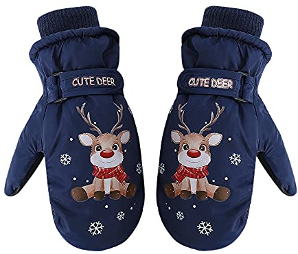 Kids Thermal Ski Gloves Child Waterproof Snow Mittens Winter Warm Snowboard Gloves Fleece Lined Full Finger Gloves Snowproof Windproof Skiing Gloves Cute Cartoon Deer Mittens For Boys Girls Age 5-10