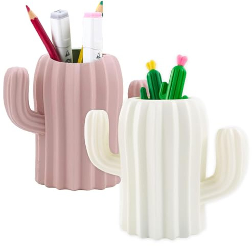 YANJINGHE 2 Stücke Bleistiftbehälter Organizer, Stifthalter Desktop, Make Up Pinselhalter, Kreativ Komisch Kaktusform Stiftebecher Stiftbox für Schreibtisch, Büromaterial, Waschtisch (Weiß, Rosa)