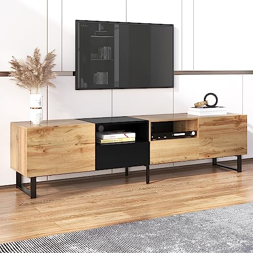 fortuna Lai Meuble TV bas avec grain de bois, 2 tiroirs, 2 portes et 2 compartiments, 190 x 38 x 48 cm (bois naturel)