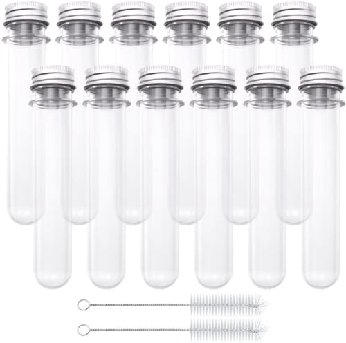 Aililong 12 tubos de ensayo de 45 ml con tapón de rosca. Tubos de cristal transparentes y tubos de ensayo de plástico para jarrones de flores, cuentas, dulces y uso en laboratorio