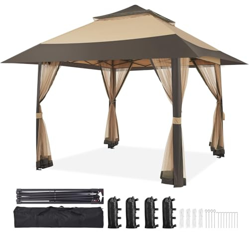 Yaheetech Tonnelle de Jardin avec Toiles Moustiquaires 4 × 4 m Gazebo Abri Soleil Tente Pliante Autoportante pour Patio Piscine Terrasse Fête