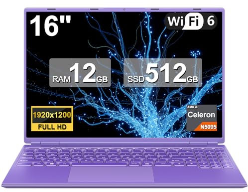 PC Portatile 16 Pollici Computer Portatile Win11 12GB 512GB 1TB SSD Espansione N5095 fino a 2.9Ghz, Notebook Laptop Ventola di Raffreddamento丨5GWIFI丨2K FHD丨Mini HDMl丨Membrana Tastiera Italiana- Viola