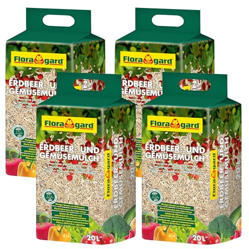 Floragard Erdbeer- und Gemüsemulch – Nachhaltiger Mulch aus Miscanthus, pestizidfrei, Unkrautreduktion und vielseitige Anwendung für Garten und Kleintiere 4x20 Liter
