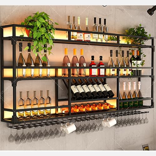 Botellero Vino Pared con Luz Vinoteca Mueble Bar Garrafeira Mini Bar Wine Rack Mueble Comedor Cocina con Soporte Copas Colgante para Barra para Bar Sala de Estar y Cocina(Nero,120*90*25cm)